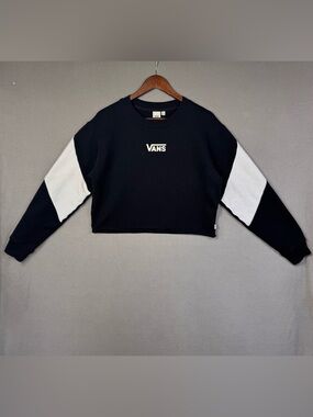 VANS Off The Wall Black & White Cropped Crew Sweatshirt w/ Checkered Back, M